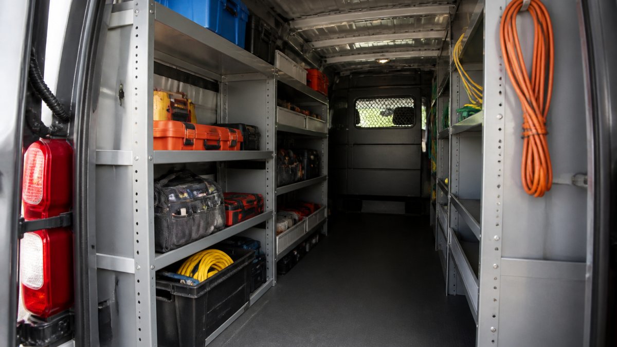 Interior of a commercial work van with organized metal shelving units holding tools, equipment bins, and supplies neatly arranged for quick access and efficient workflow
