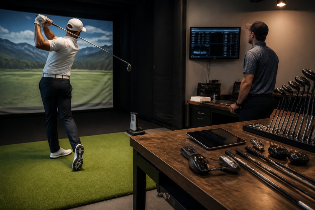 A golfer mid-swing inside an indoor fitting bay while a fitter watches a launch monitor screen in the background, golf clubs and a tablet displaying data on a nearby table under warm overhead lighting