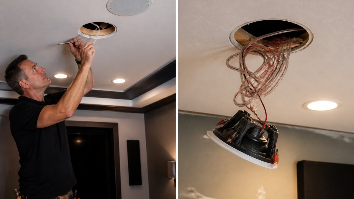 Professional AV technician carefully routing speaker wires through ceiling cavity while mounting in-wall speakers in a home theater room, using precision tools and level