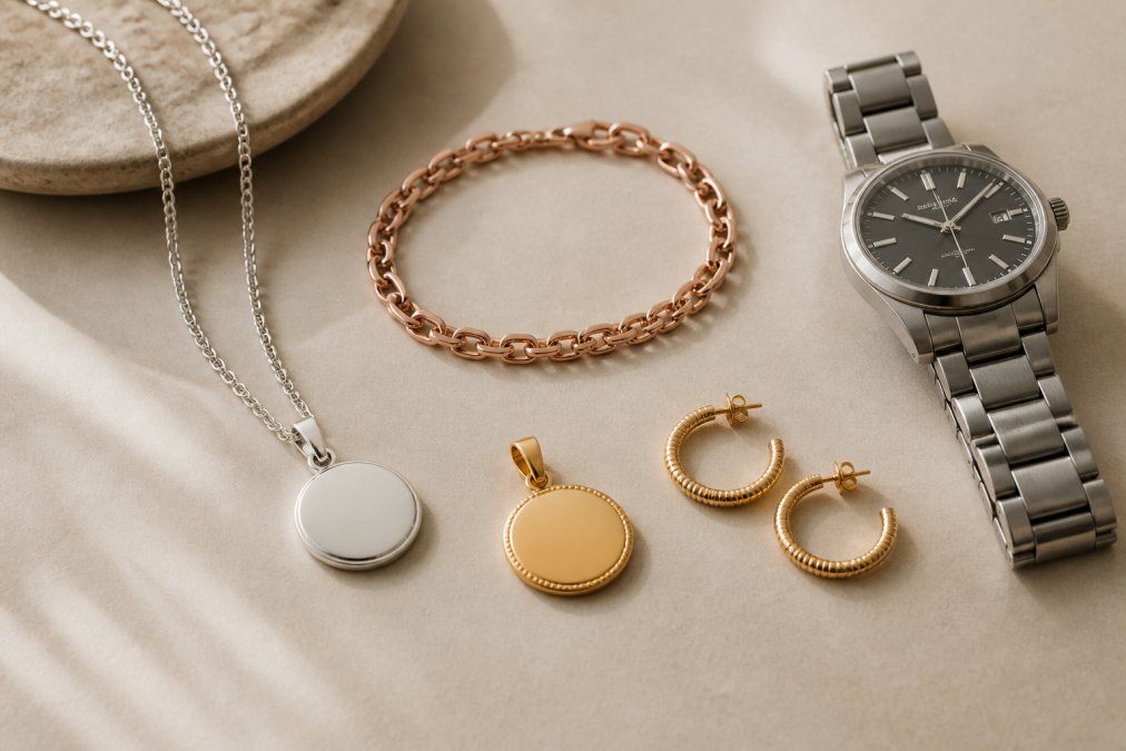 Arrangement of five different metal jewelry pieces displayed on neutral surface, polished sterling silver necklace, rose gold bracelet, yellow gold pendant, gold-filled earrings, and stainless steel watch, photographed with soft natural lighting to show finish variations
