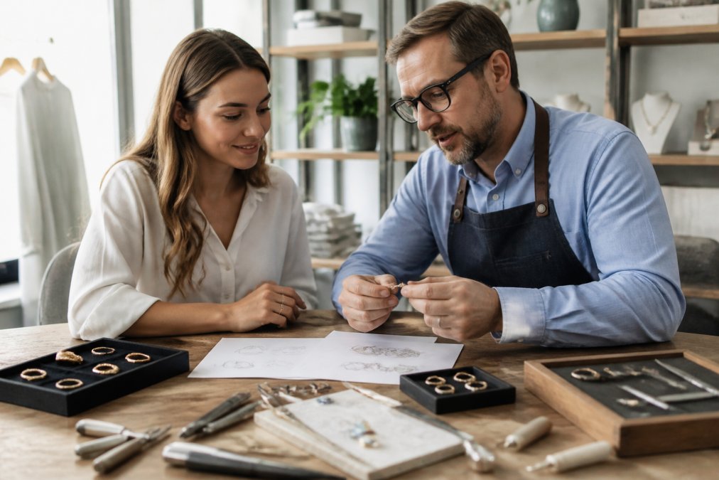 Customer examining custom jewelry designs and materials with a jeweler in a bright, professional jewelry studio setting with natural lighting