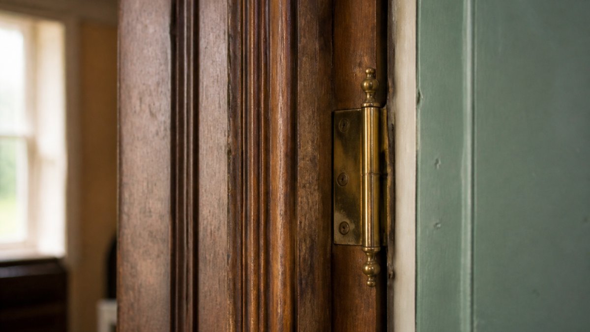Close-up of a period property's original timber door frame with period mouldings and traditional brass hardware, showing intricate craftsmanship and aged wood grain detail in soft natural light