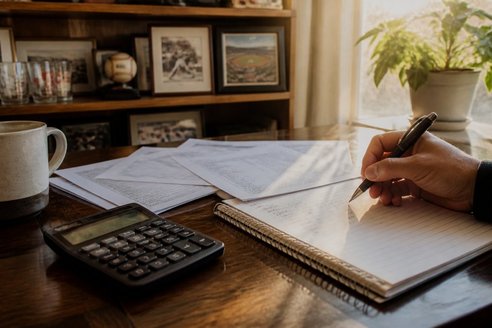 Collector examining vintage sports memorabilia and handcrafted custom pieces displayed together on a living room shelf with natural sunlight streaming across framed items