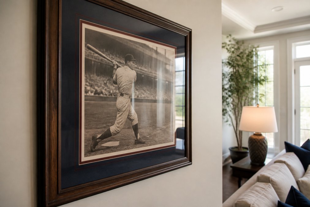 Close-up of a custom-framed vintage sports memorabilia piece featuring archival matting and UV-protective glass displayed on a living room wall with soft natural lighting