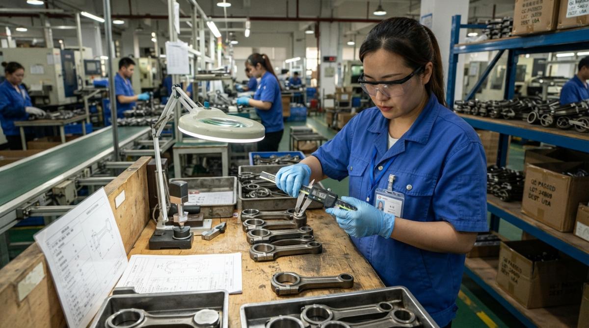 Quality control inspector examining manufactured products on factory production line, checking specifications and tolerances with precision measuring tools under bright industrial lighting