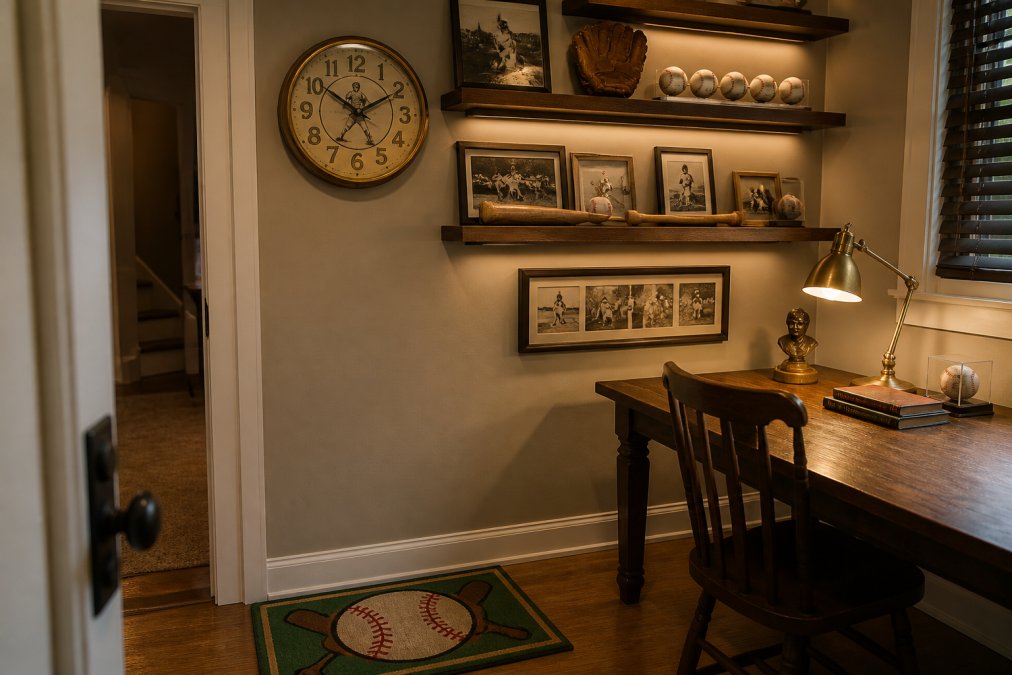 A well-designed game room corner featuring vintage baseball memorabilia arranged on floating shelves, a 1960s sports wall clock above a wooden desk, and a vintage World Series doormat positioned at the room entrance with warm accent lighting