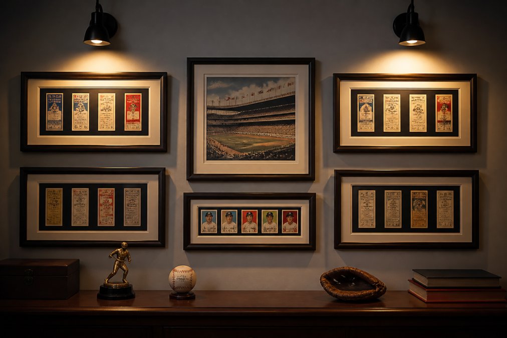 A carefully arranged gallery wall featuring vintage baseball World Series tickets in frames, a 1950s stadium program, and collectible cards displayed with consistent spacing and subtle museum-quality lighting creating shadows