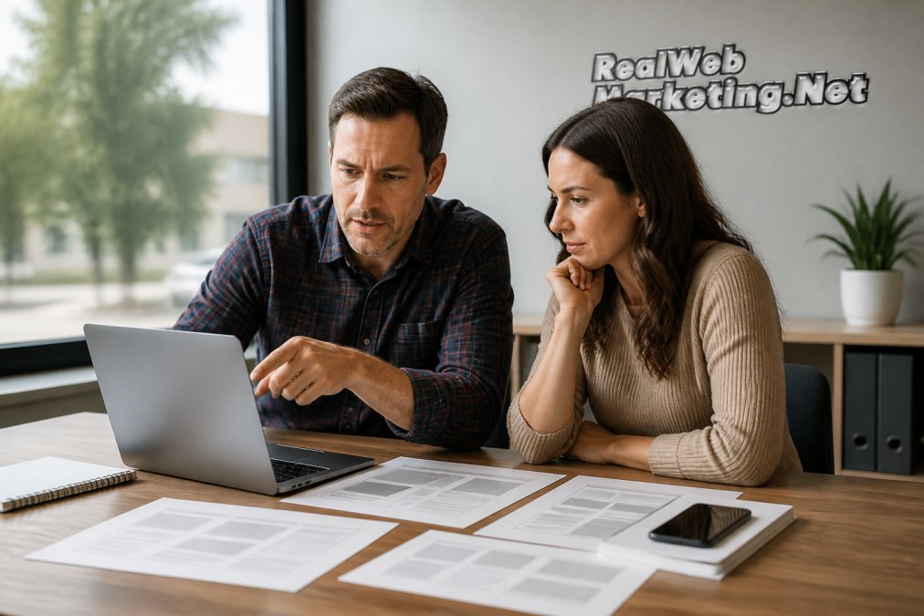A small business owner and a web designer reviewing website mockups on a laptop in a bright office, pointing at the screen with printed wireframes spread across the desk