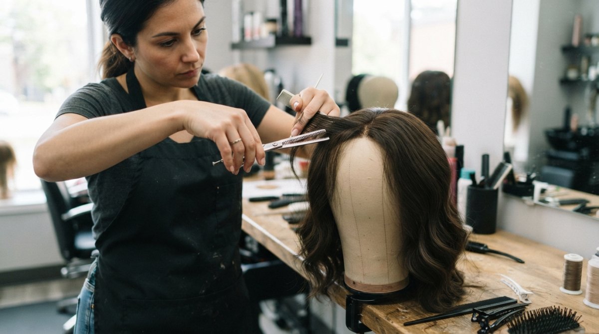 Professional demonstrating custom wig thinning technique with precision scissors on human hair wig, showing the detail and careful layering involved in creating natural density