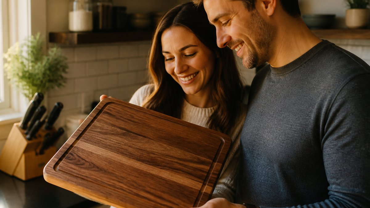 Couple admiring a personalized wooden cutting board together in their kitchen, smiling as they examine the custom engraved family name and elegant script details on premium walnut wood