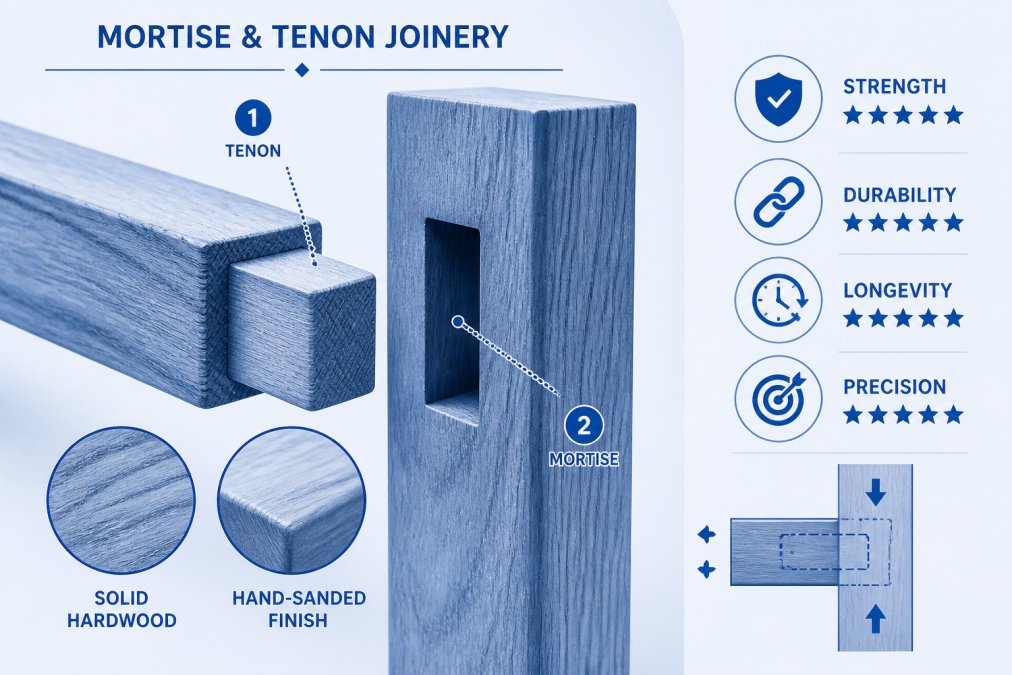 Close-up of solid hardwood joinery showing hand-cut mortise and tenon joints, wood grain detail, and hand-sanded finish with natural workshop lighting highlighting the craftsmanship and wood texture