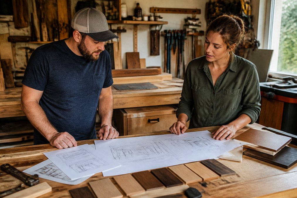 Woodworker in a well-lit workshop reviewing design sketches with a customer, with wood samples, blueprints, and design drawings spread across a workbench between them