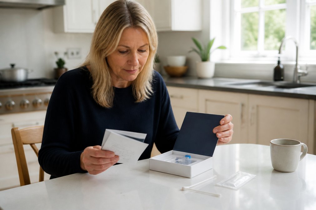 A woman in her late 40s sitting at a bright kitchen table, opening a small testing kit box containing a saliva swab and instruction booklet, with a smartphone showing a health dashboard nearby