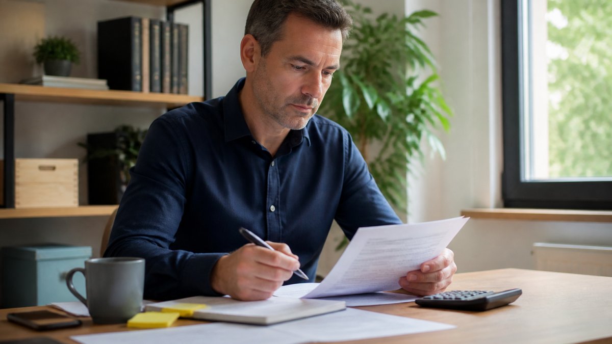 Small business owner reviewing security protocols on laptop at desk, focused expression, modern office with natural lighting