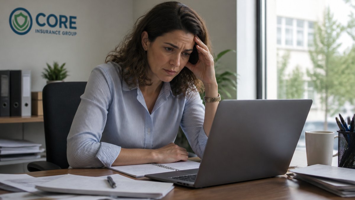 Small business owner at desk looking concerned at computer screen, surrounded by office supplies and paperwork, with worried expression in modern office setting
