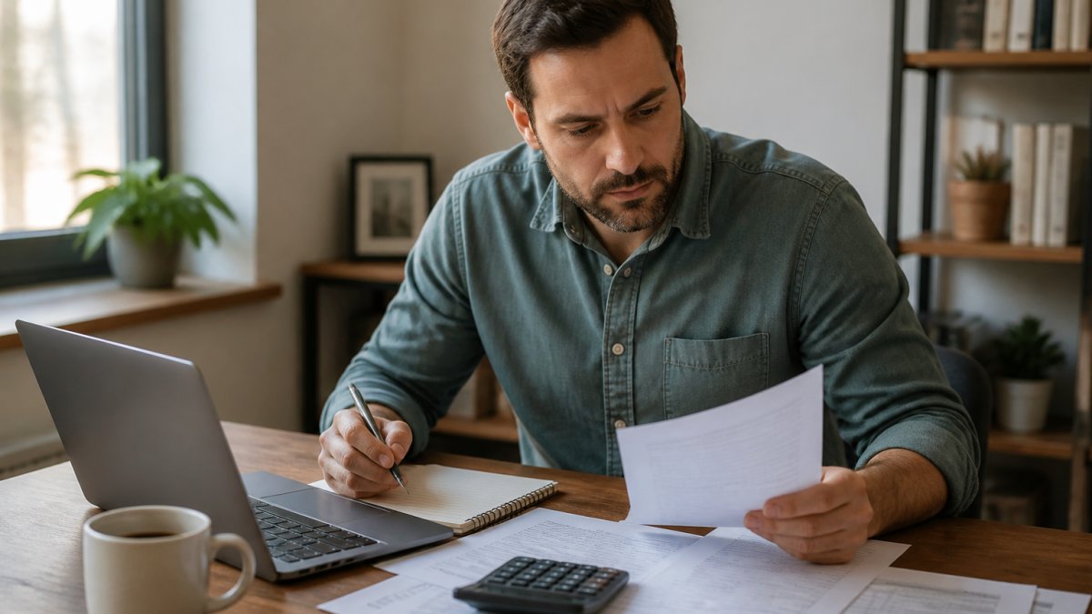 A small business owner reviewing insurance policy documents and a laptop at a wooden desk in a home office, with a calculator and coffee cup nearby