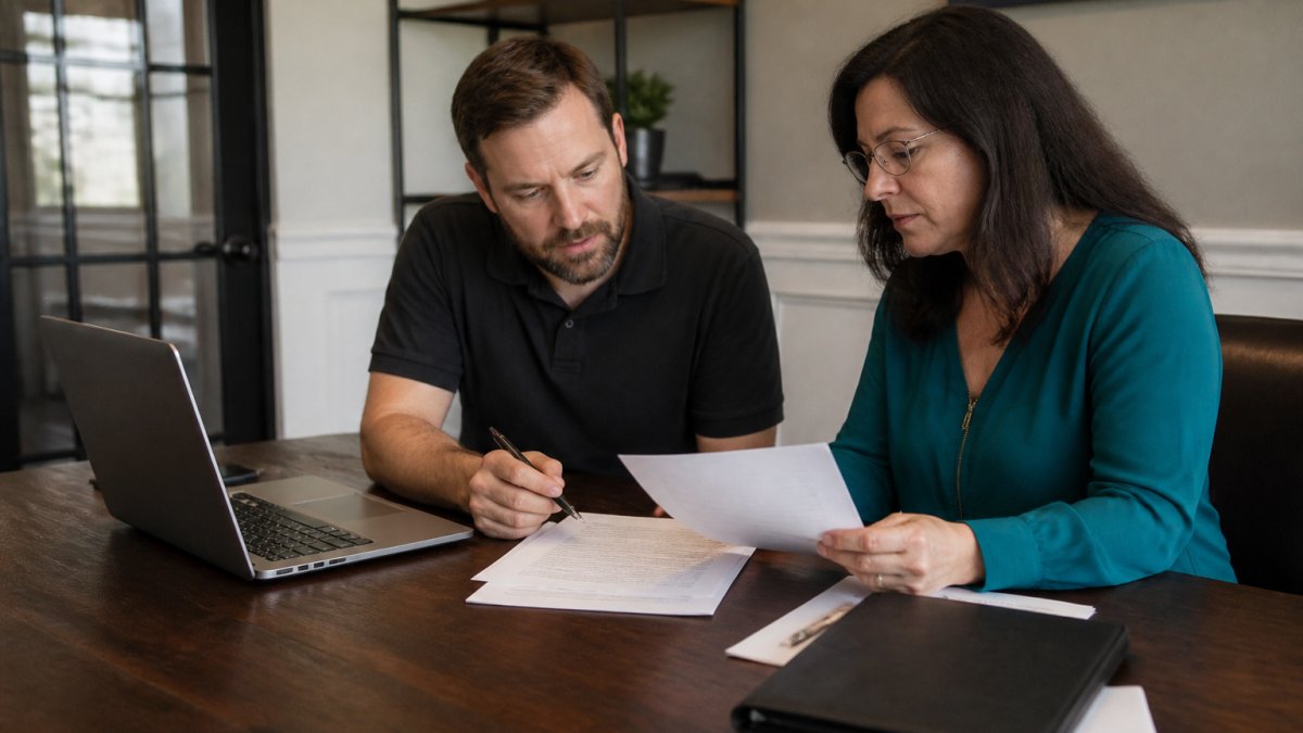 A small business owner and an IT consultant reviewing documents together at a desk in a modest office, laptop open with a security dashboard visible on screen