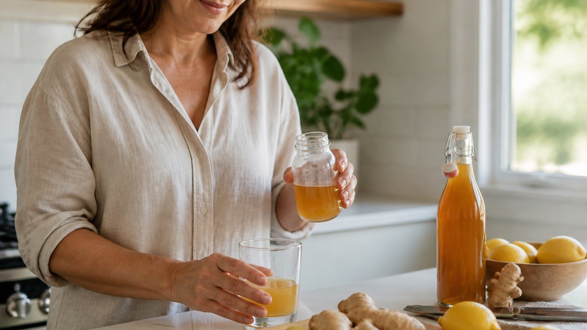 Woman in her 40s holding a golden wellness tonic in a bright kitchen with ginger, lemons, and vinegar nearby.