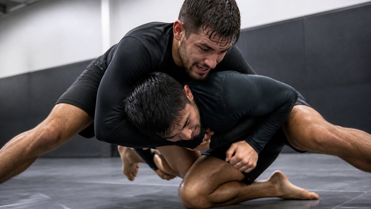 Grappler performing intense takedown drill with training partner on mat, both athletes in close contact showing physical exertion and sweat, bright gym lighting