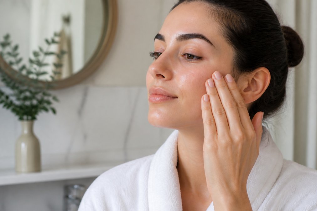 A woman with calm, glowing skin gently massaging her cheek in an upward motion with her fingertips in a bright, serene bathroom setting