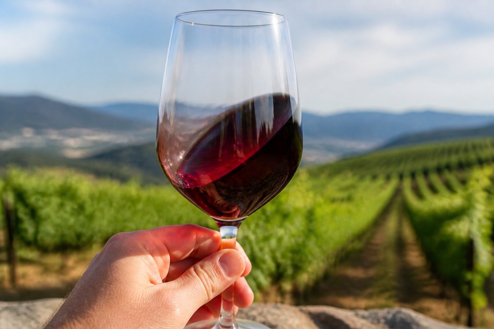 Close-up of a wine glass filled with deep red Dão wine, held up to natural light, showing the garnet colour and clarity, with vineyard landscape softly blurred in the background