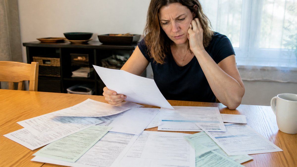 Person sitting at desk looking concerned while reviewing personal information on computer screen, with documents and papers scattered on desk surface