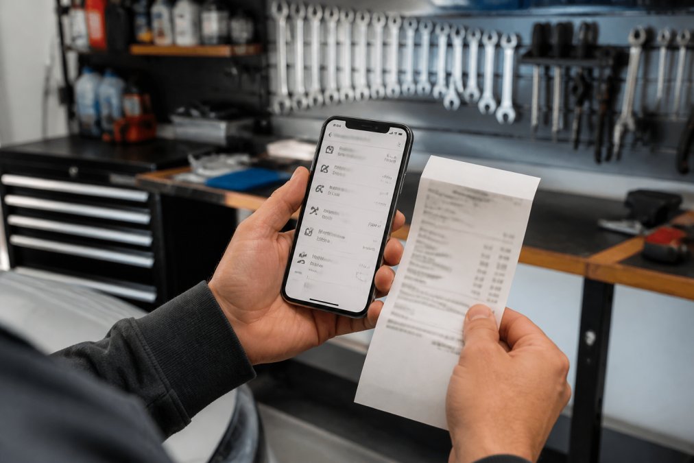 A vehicle owner holding a smartphone showing a digital maintenance log app next to a physical paper service receipt in a clean home garage with tools on the wall