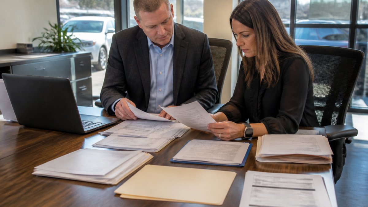 A dealership controller and general manager reviewing vendor invoices and contracts spread across a conference table in a bright office, with a laptop open showing billing records