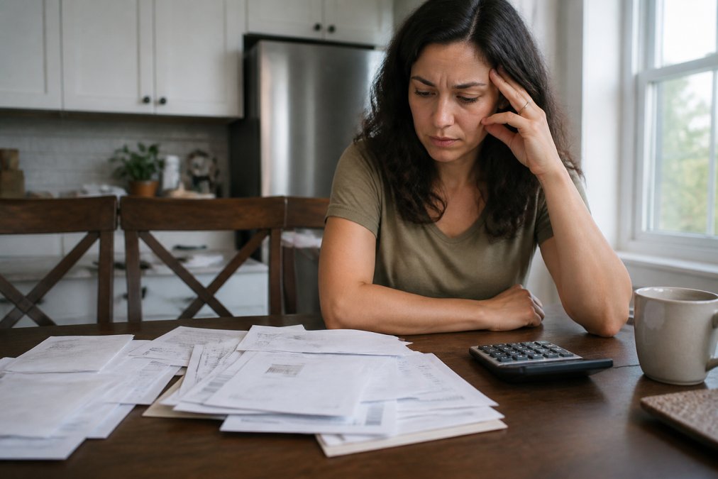 A person sitting at a kitchen table looking at a stack of bills and a calculator, with a concerned expression, natural lighting