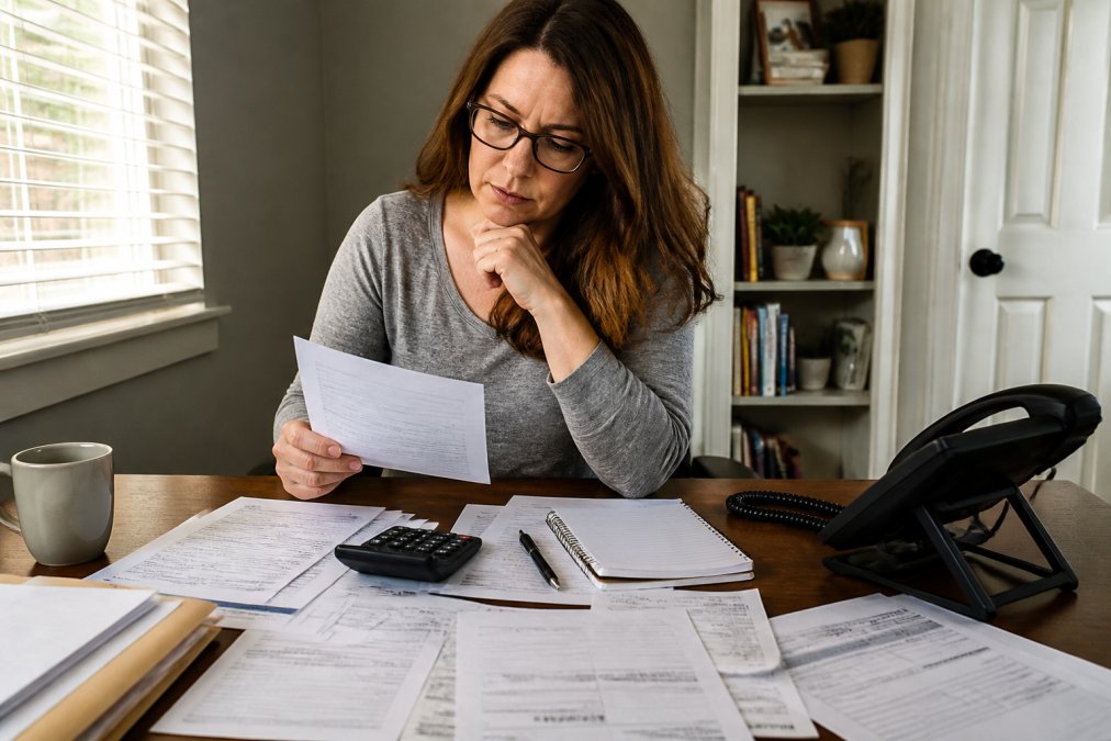 Person sitting at home office desk with financial documents, calculator, and notepad spread out, reviewing statements while preparing to make creditor phone calls
