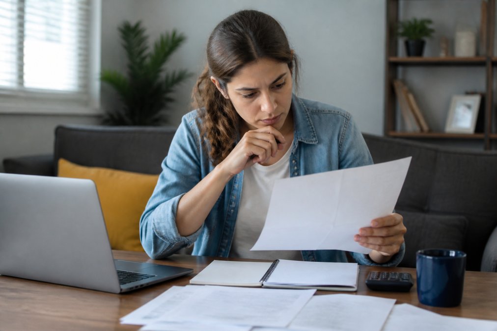 Individual at home reviewing credit report on laptop screen with notepad and pen nearby, studying financial documents with a focused expression