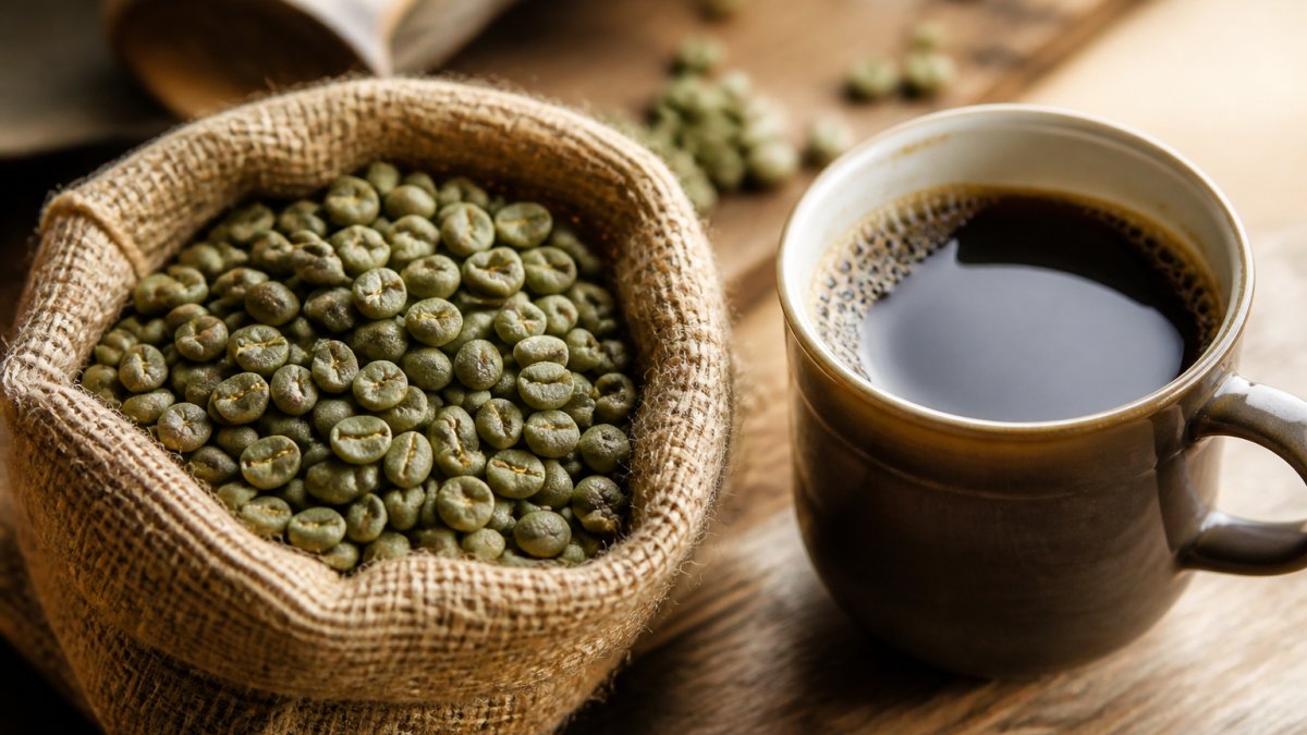 Close-up of green coffee beans in a burlap sack next to a cup of freshly brewed dark coffee on a wooden counter