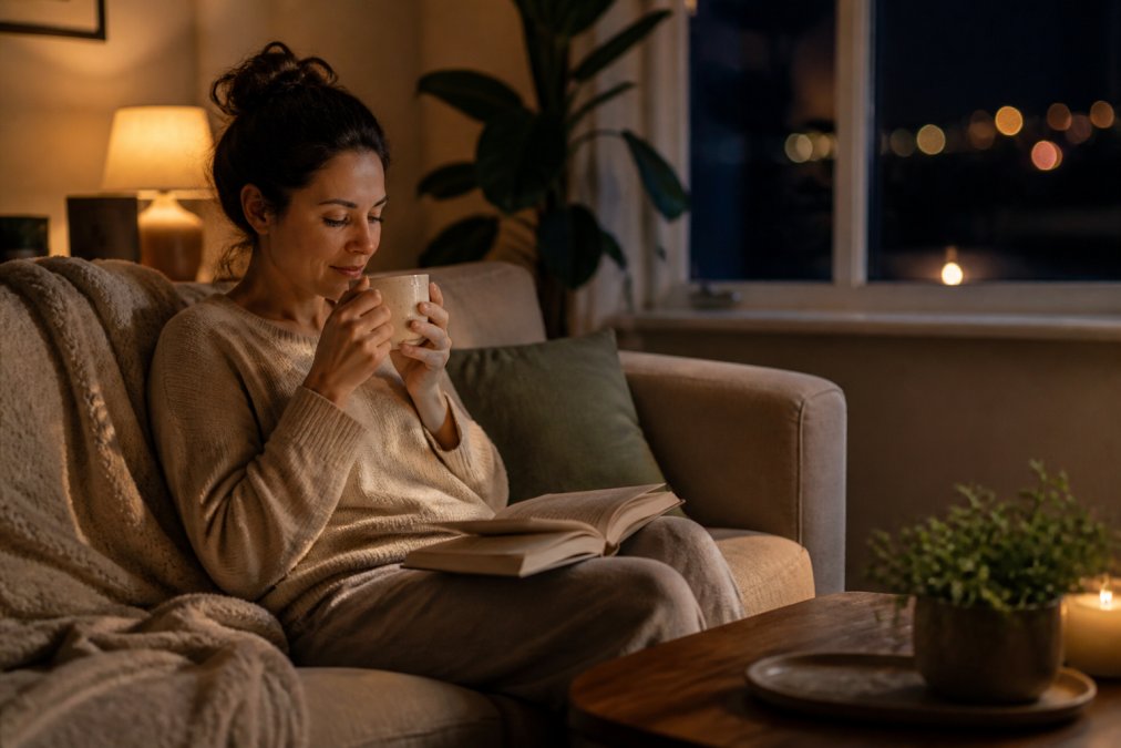 A person sitting comfortably on a couch in a softly lit living room at night, holding a warm mug of decaf coffee with a book nearby, conveying a calm evening ritual