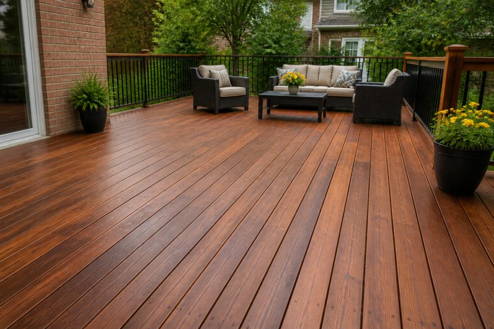 A freshly stained wooden deck with rich color and visible wood grain, showing the aesthetic transformation and weather protection