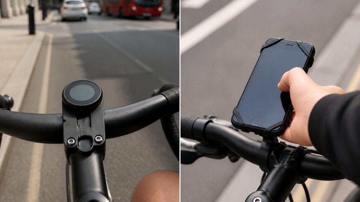 Urban cyclist on a fixed-gear bike riding through a city street, handlebar-mounted compact GPS device visible on the handlebars, cyclist focused on the road ahead