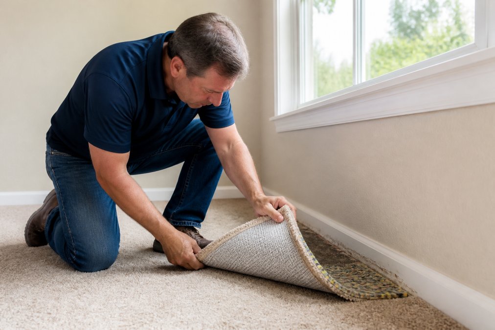 Homeowner inspecting worn carpet padding, suggesting it needs more than deep carpet cleaning