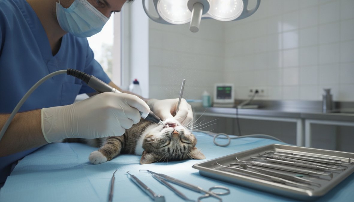 Veterinary technician performing dental scaling on a sedated cat with specialized ultrasonic scaler and overhead surgical lighting in a clinical setting