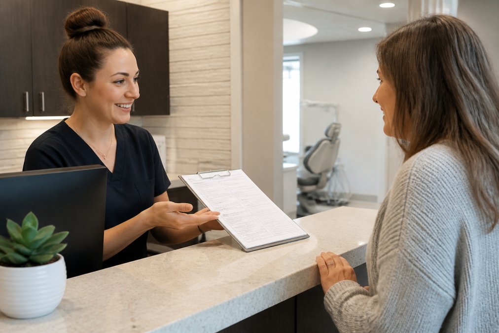 A friendly dental receptionist explaining coverage options to a patient at a modern front desk, with a computer screen showing appointment details in the background