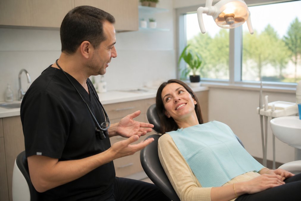 A calm, modern dental clinic room with a relaxed adult patient reclined in the chair while a dental professional gently explains a procedure, soft natural lighting