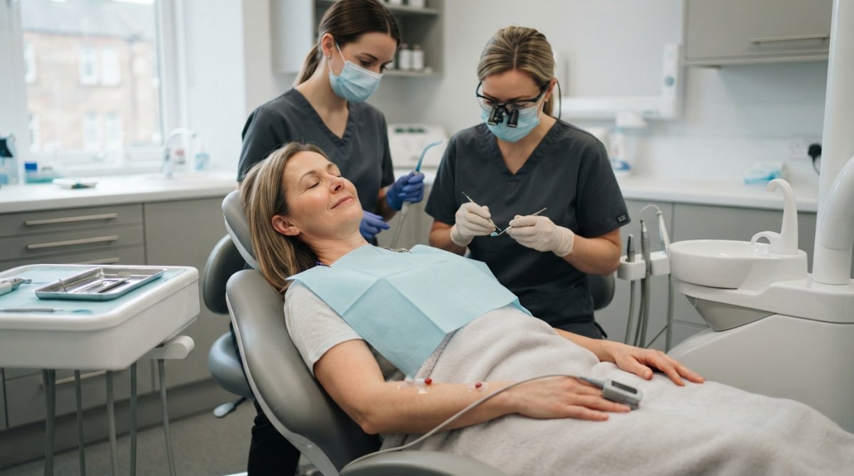 A calm, relaxed adult patient reclining in a modern dental chair while a dentist and nurse gently attend to them, with a pulse oximeter visible on the patient's finger and soft clinical lighting