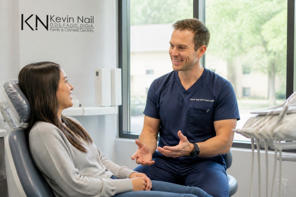 Dentist explains dental sedation options to a calm patient in a modern, sunlit treatment room.