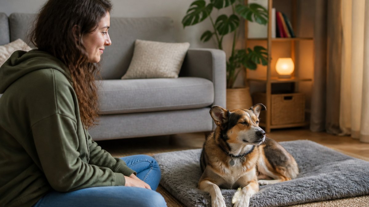 Dog owner calmly observing their anxious dog's body language during a training session in a comfortable living room, noting relaxation in the dog's posture and facial expression as they remain nearby