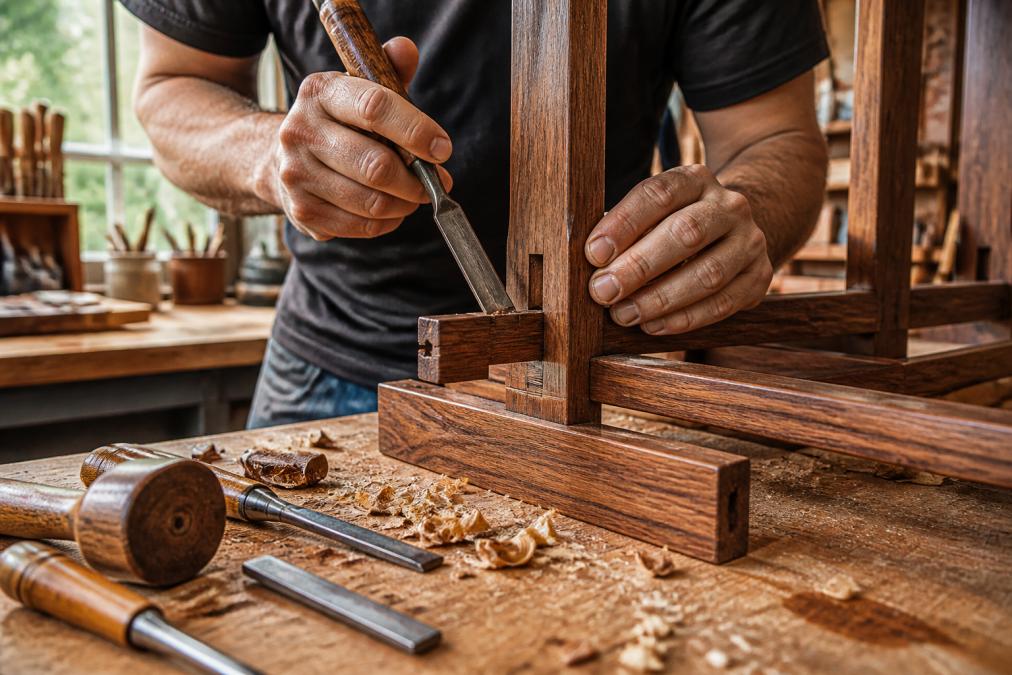 Skilled furniture maker's hands carefully examining wood grain and chiseling mortise joints on a hardwood frame in a bright workshop, with hand tools and wood shavings visible on the workbench