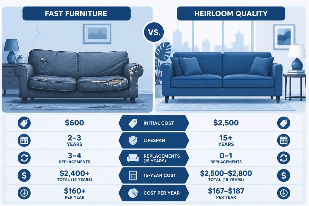 Side-by-side comparison of a worn, sagging fast-fashion sofa with visible fabric tears and structural damage next to a well-maintained, structurally sound designer piece in a bright, modern living room