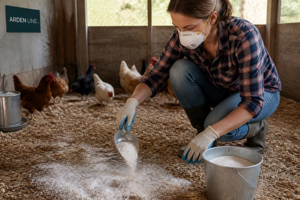 Chicken keeper wearing a mask and gloves spreading white powder in coop bedding while chickens forage nearby.