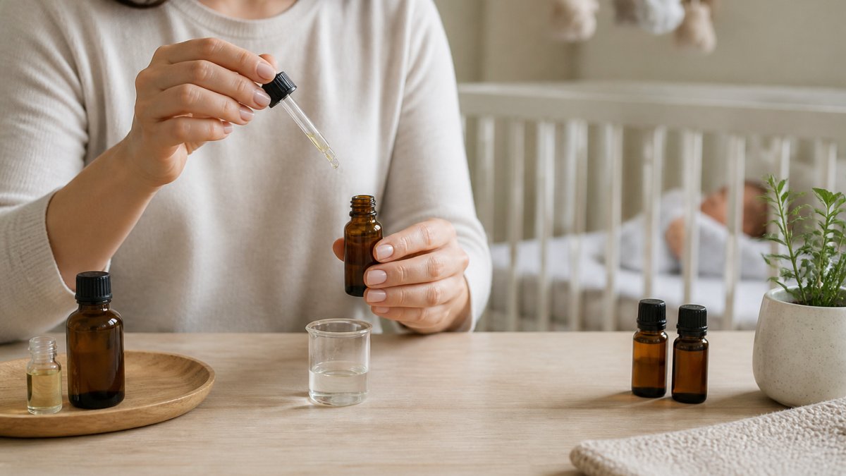 Parent carefully measuring and diluting essential oil with carrier oil on a clean surface near a baby's crib, with labeled bottles and dropper clearly visible in soft natural light