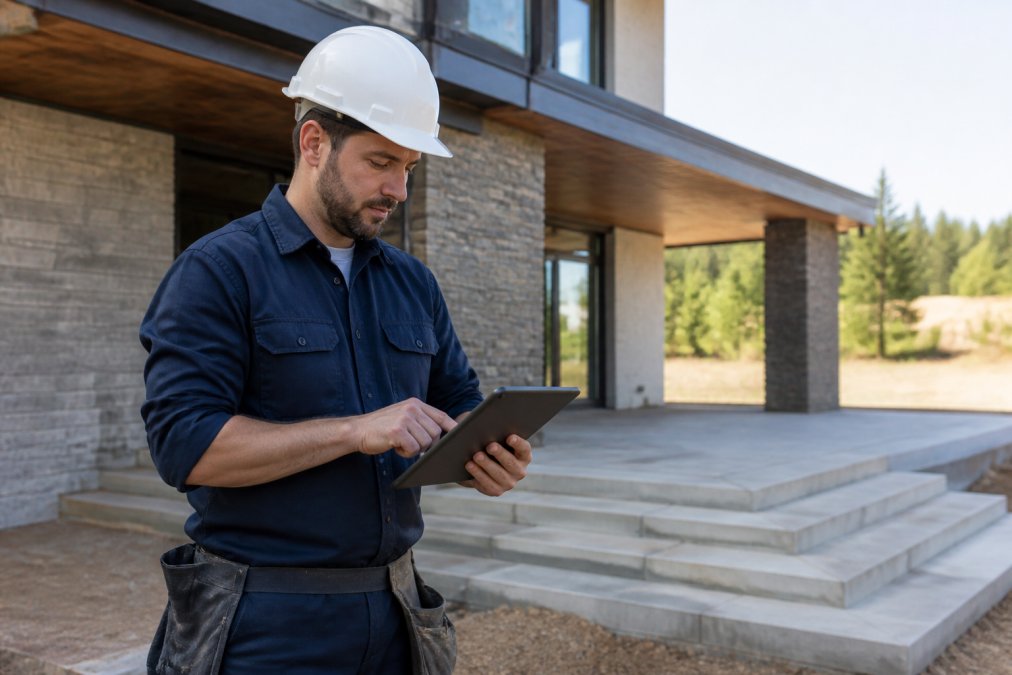 Contractor on a job site wearing a hard hat, using a mobile tablet to enter payment information and process a secure digital invoice while standing next to completed work