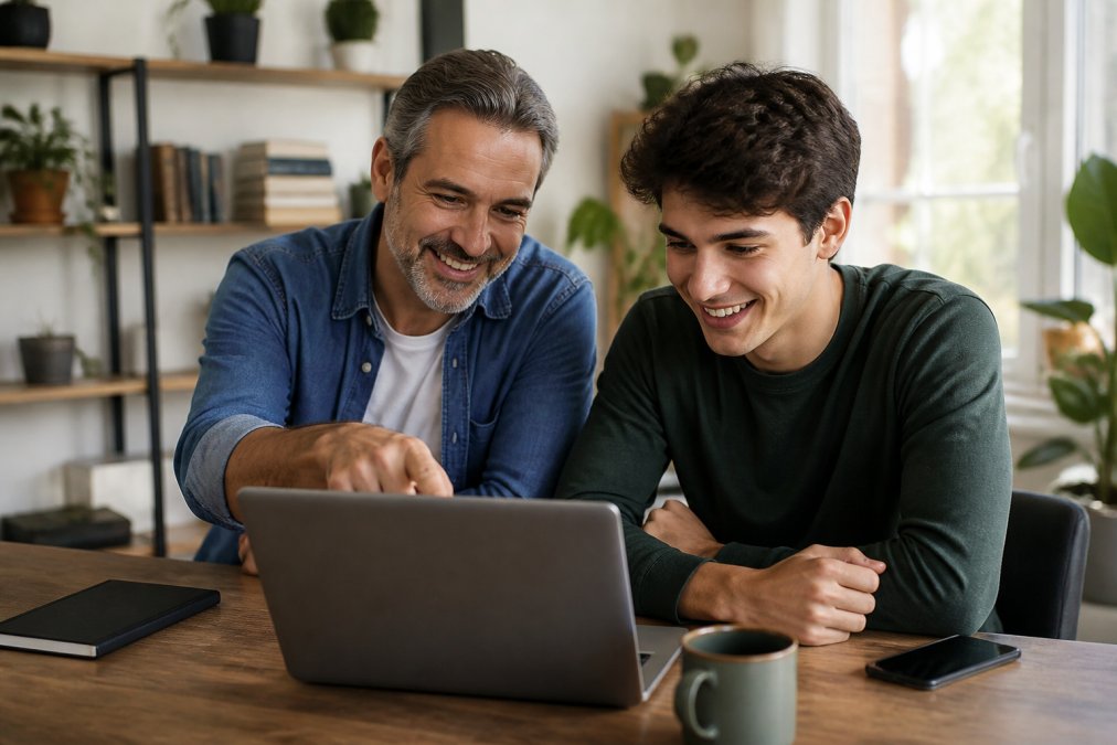 A mentor and student reviewing a laptop screen together in a bright home office, pointing at a growth chart on the screen, warm natural light, candid and encouraging mood