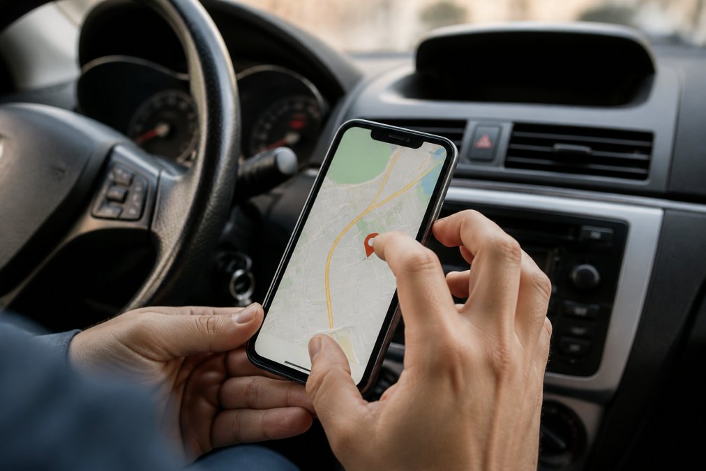 Smartphone dashboard displaying vehicle GPS location with real-time speed, battery level indicator, and geofence alert notifications on tracking application