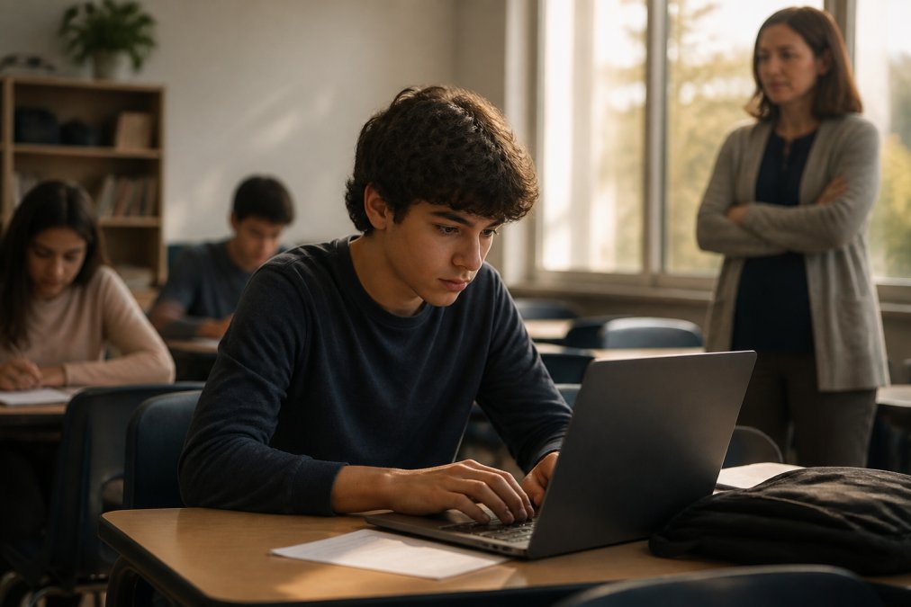 Student writing an essay on a laptop while a teacher uses digital evaluation software in a quiet classroom
